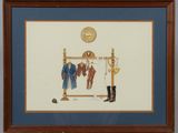 tableau représentant un porte-manteau sur lequel sont suspendus des vêtements et un cintre