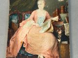 un vieux tableau représentant une femme assise sur une chaise en train de lire un livre
