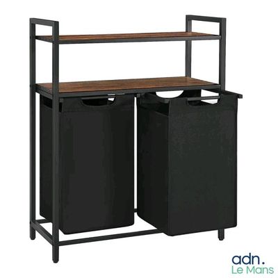 une poubelle noire composée de deux compartiments et d'une étagère en bois