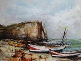 painting of boats on a beach with cliffs in the background