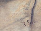 a painting of a cow with a tag on it ' s neck