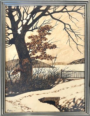 une image représentant un tableau où l'on voit un arbre et une clôture dans la neige