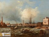 une image représentant une peinture d'une scène portuaire avec des bateaux sur l'eau et des bâtiments en arrière-plan