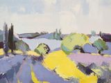 une image représentant un tableau d'un champ de fleurs jaunes et violettes