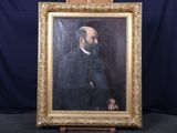 painting of a man with a beard in a gold frame on a blue background
