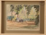 a picture of a painting of people sitting on a bench