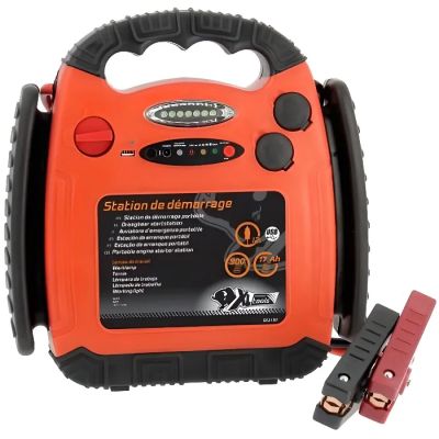 un chargeur de batterie de secours orange et noir sur fond blanc