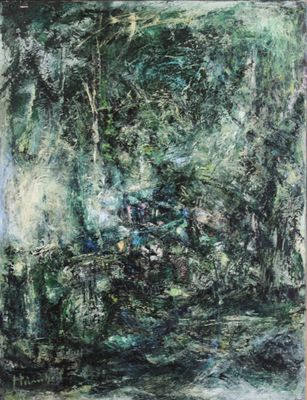 an oil painting of a forest scene with trees and bushes