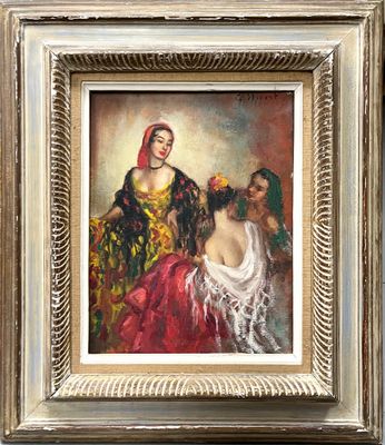 un tableau représentant une femme en robe rouge accompagnée de deux autres femmes