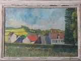 an oil painting of a village in a field with trees in the background