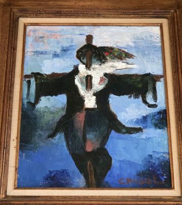 une peinture à l'huile représentant un homme en costume-cravate tenant un parapluie
