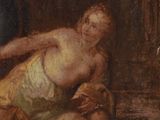 an image of a painting of a woman laying on the ground next to a man
