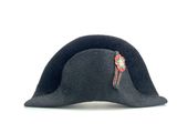 a black hat with a red flower on it