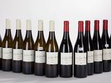 six bottles of red and white wine lined up in a row