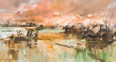 un tableau représentant des bateaux sur l'eau, avec le ciel en arrière-plan