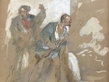 painting of two men with guns and a dog in front of a painting