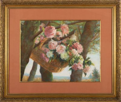 une peinture à l'huile représentant un panier de fleurs posé sur un arbre