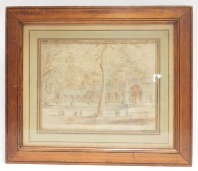 an old picture of a picture of a building in a wood frame