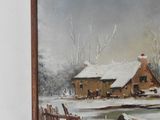 an oil painting of a house in the snow with a bench in front of it
