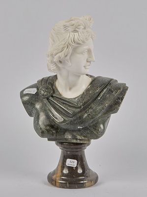 marble bust of a man wearing a shawl on top of a pedestal