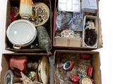 several boxes of assorted items are stacked on top of each other