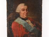 an old painting of a man in a red coat with a blue sash