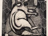 a black and white drawing of a cat sitting on a chair