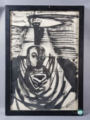 painting of a man in a black and white striped shirt