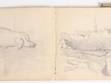 an old book with a drawing of a sheep and a sheep in a field
