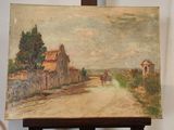 peinture sur chevalet représentant une route de campagne avec une maison et un cheval