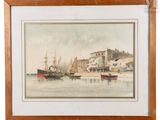tableau représentant une scène portuaire avec des bateaux sur l'eau et des bâtiments en arrière-plan