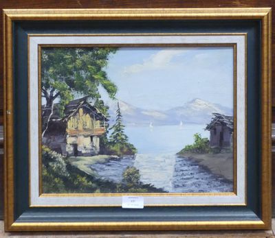 painting of a house by the water with a sailboat in the background