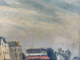 a painting of a bus on a street with buildings in the background