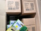 several boxes of food are stacked on top of each other