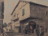 a drawing of a street scene with a horse and carriage