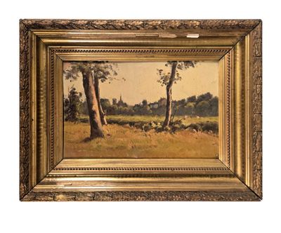 une peinture à l'huile représentant un paysage avec des arbres et de l'herbe