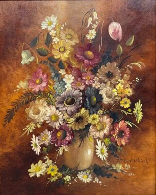 une peinture de fleurs dans un vase sur une table
