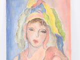 tableau représentant une femme coiffée d'un chapeau coloré