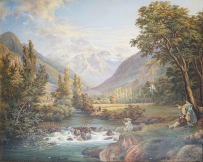 P. GAILLARD (XIXe), "Scène de pêche près du déversoir" 1855,…