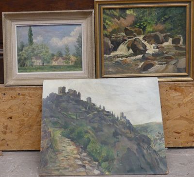 two framed paintings of a mountain scene and a painting of a castle