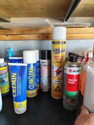 many different types of cleaning products on the counter