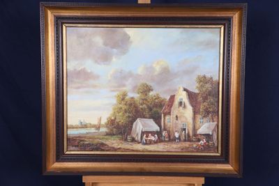 une peinture à l'huile représentant une scène de vie à la ferme, posée sur un chevalet, avec un fond bleu
