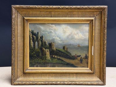 une peinture représentant un paysage avec des rochers et un bateau sur l'eau