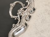 a silver tray with a decorative design on it