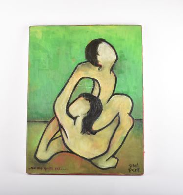 tableau représentant une femme assise à genoux, un chat sur les genoux