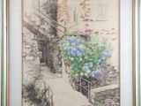 painting of hydrant and stairs in front of a building in a frame