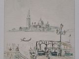 tableau représentant une vue d'un port avec des bateaux et des bâtiments en arrière-plan