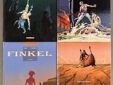four books of the finkel series are on a table