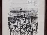 drawing of a city with a lighthouse in the middle of it