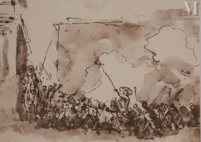 dessin d'un groupe de personnes devant un bâtiment